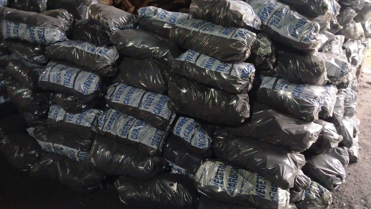 Bolsas de carbón vegetal apiladas en depósito
