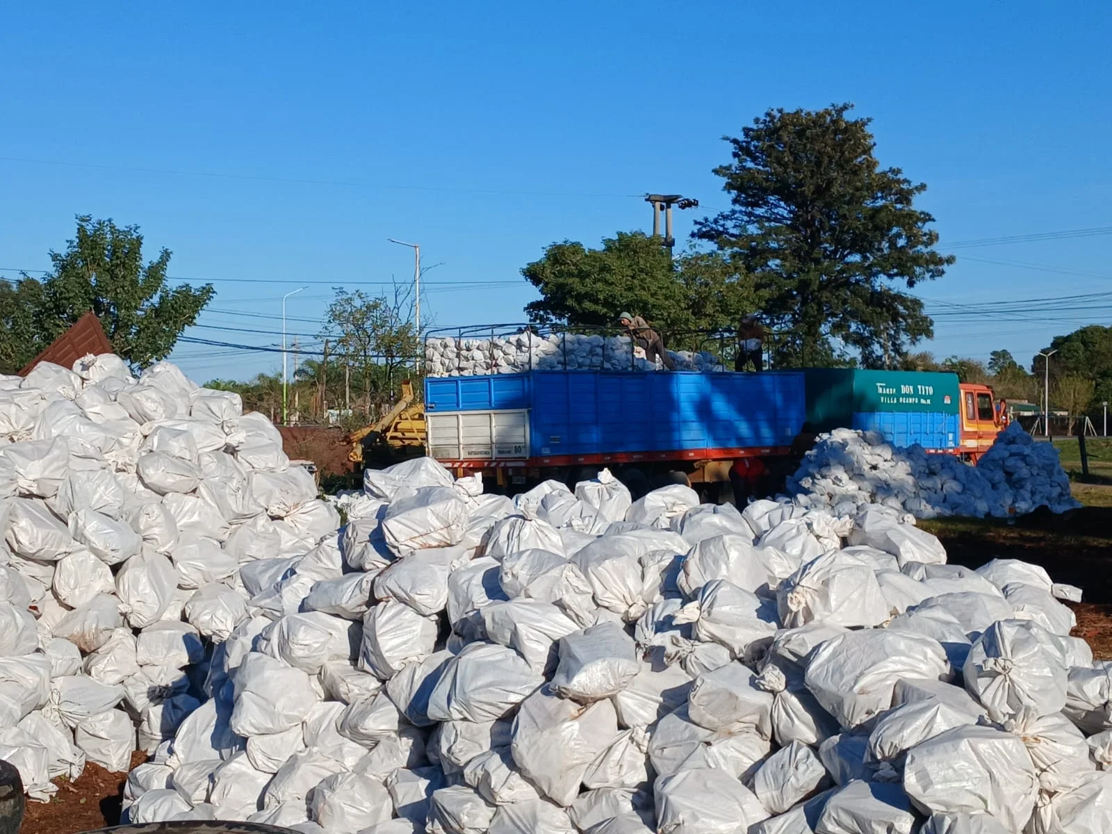 Carga de bolsas de carbón vegetal al camión para distribución